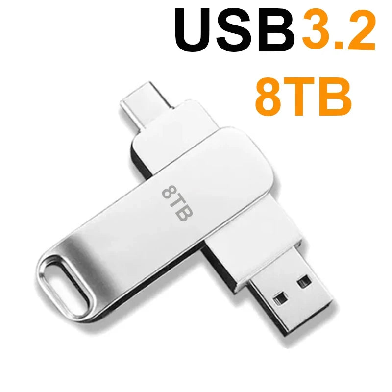 Silver-coloured 2-in-1 dual USB 3.2 flash drive with both Type-C and standard USB connectors.