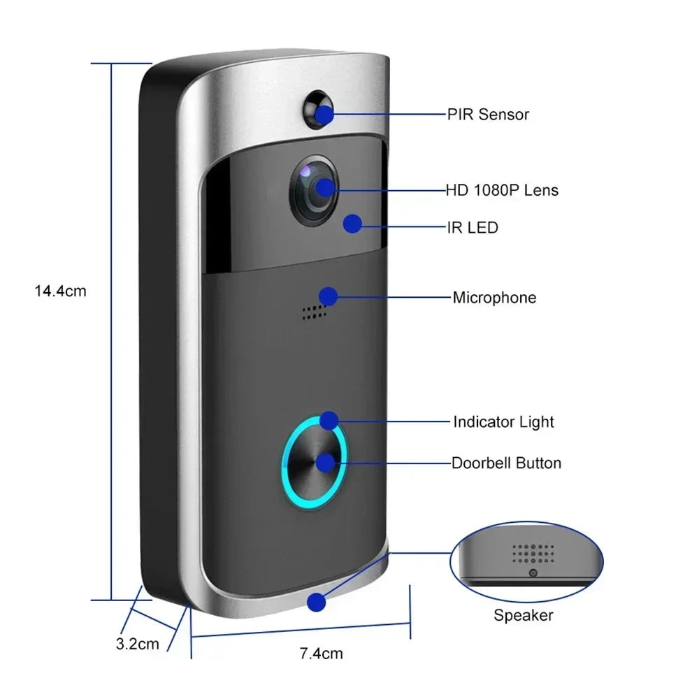 Silver and black smart video doorbell with HD camera, motion sensor, microphone, speaker, and LED-lit button.