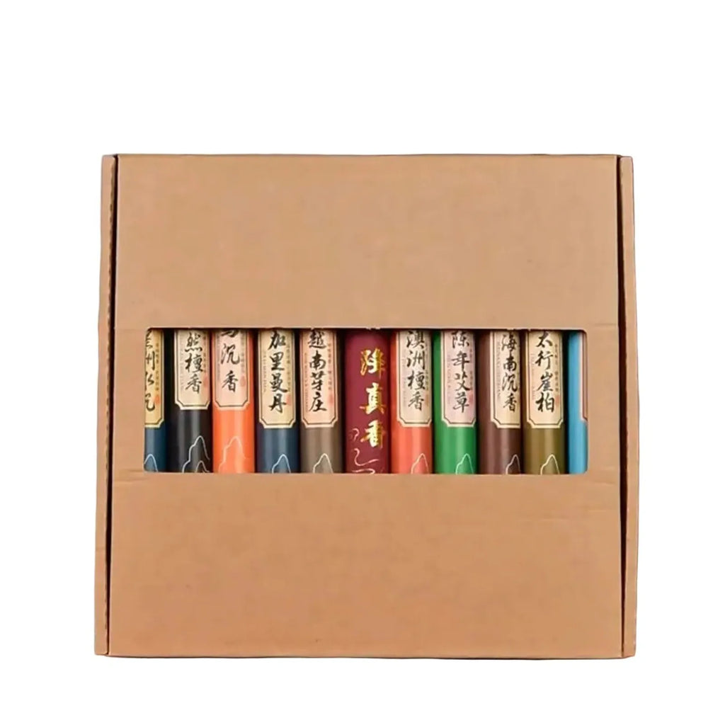 Gift set of multicoloured incense sticks in individual labelled tubes, presented in a brown cardboard display box.