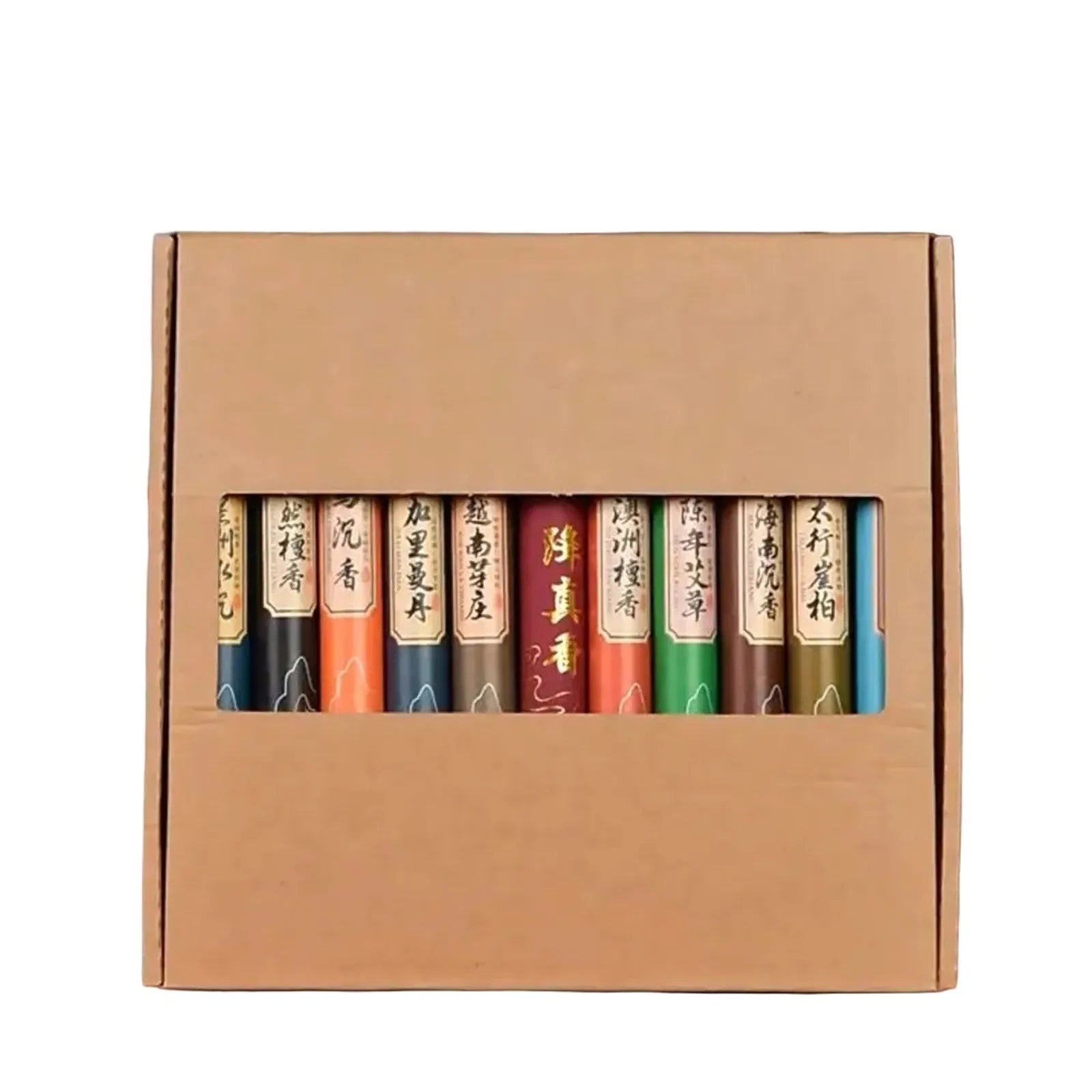Gift set of multicoloured incense sticks in individual labelled tubes, presented in a brown cardboard display box.