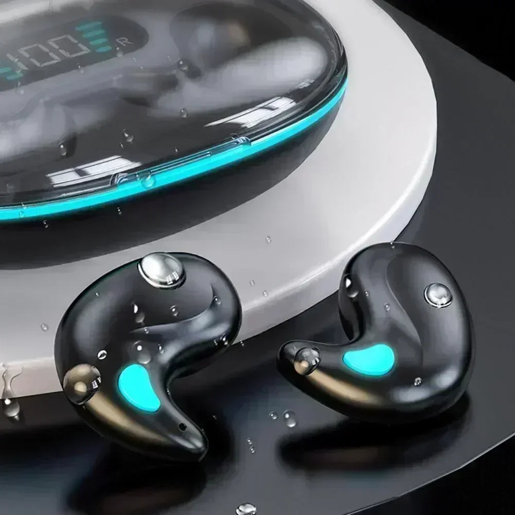 Black wireless earbuds with a unique, curved design and blue accents, shown with their charging case.
