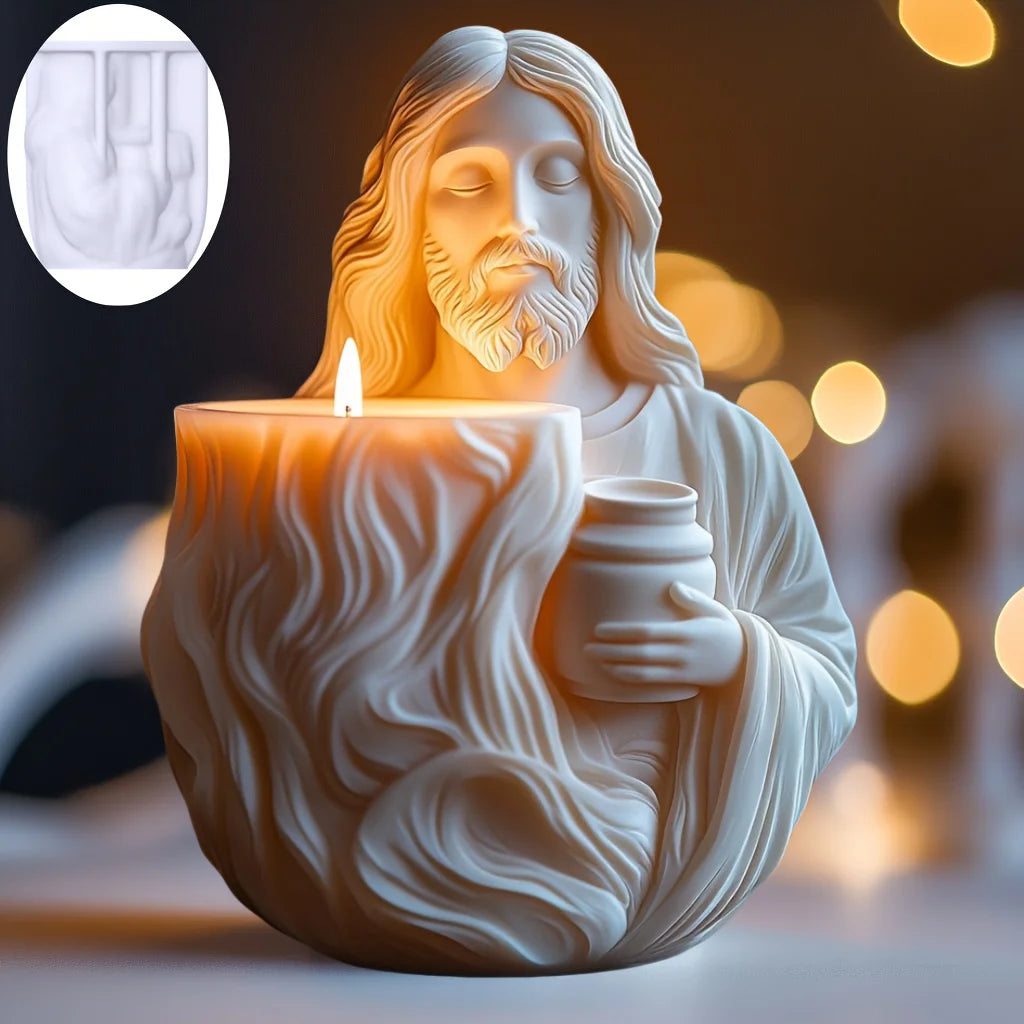 White resin Jesus bust candle holder with flowing hair, lit candle, and small jar, showing mold inset.