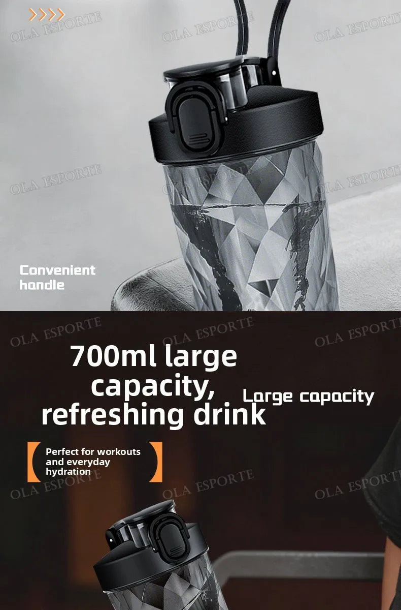 Black 700ml water bottle featuring a faceted, geometric diamond-cut design, a locking lid, and a carry handle.