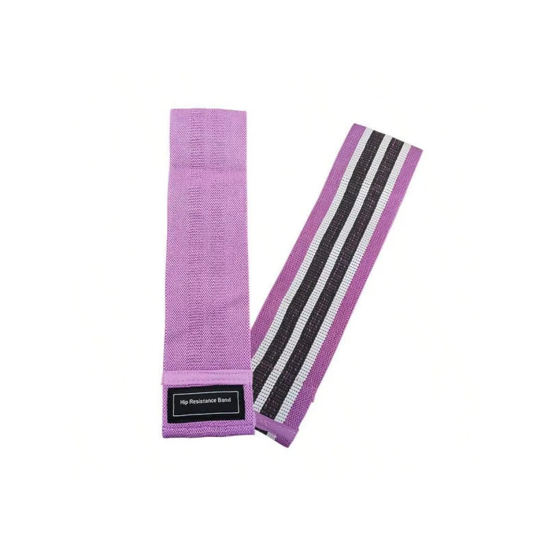 Two purple fabric hip resistance bands, one plain with a branded label, the other with black and white stripes.