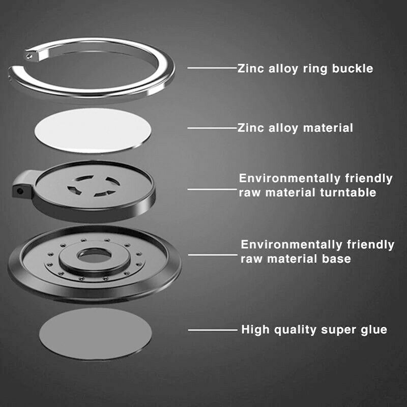 Exploded view diagram of a silver, circular phone ring holder, highlighting its zinc alloy and adhesive components.