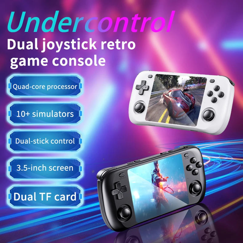 Two H36S handheld retro gaming consoles in white and black, featuring dual joysticks and a central HD display.