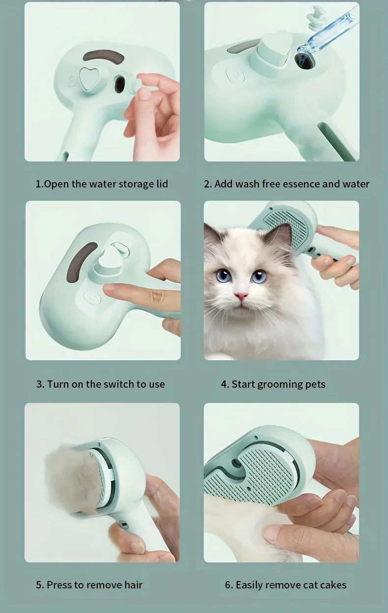 A pale green, handheld pet grooming brush with a water reservoir, shown in a six-step how-to guide on a cat.