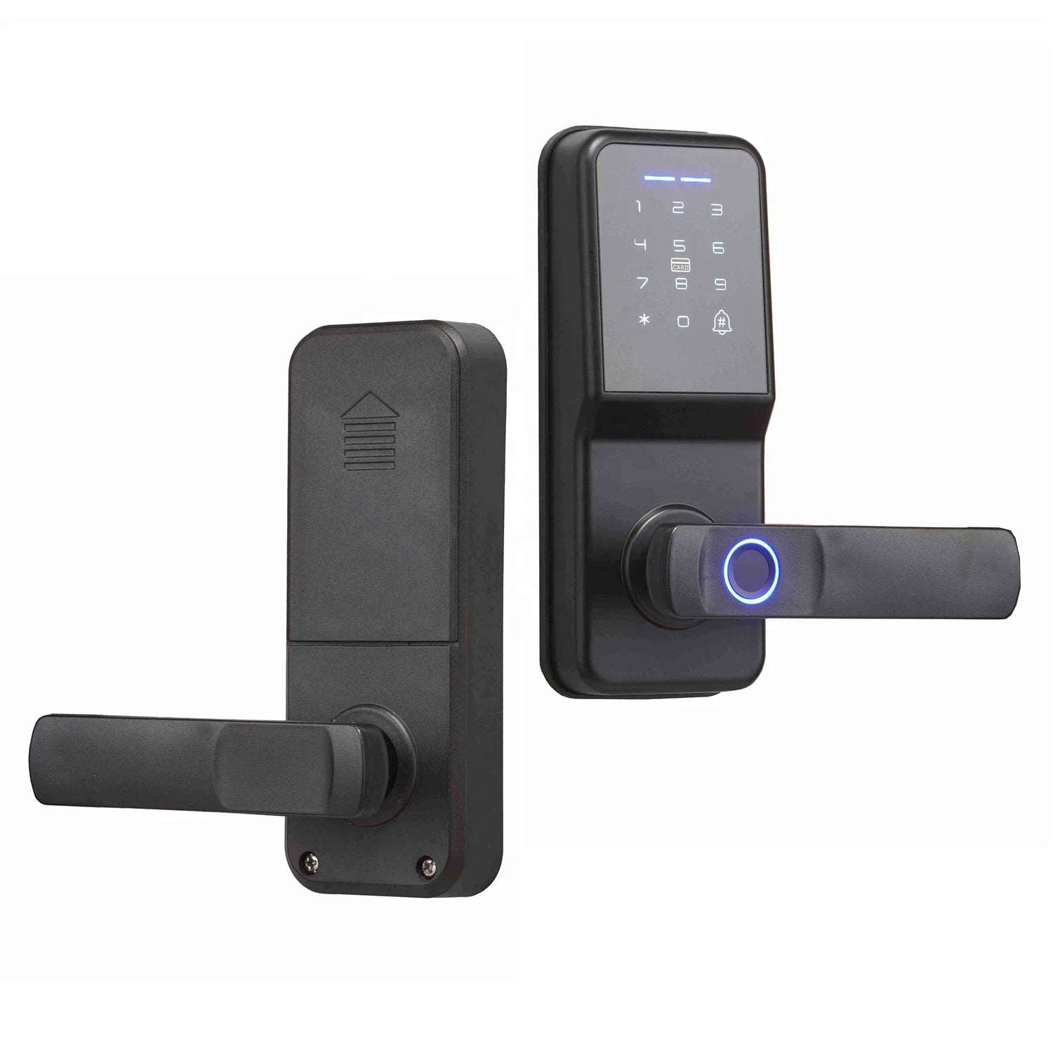Black metal smart door lock with a digital keypad, fingerprint scanner, and glowing blue indicator light.