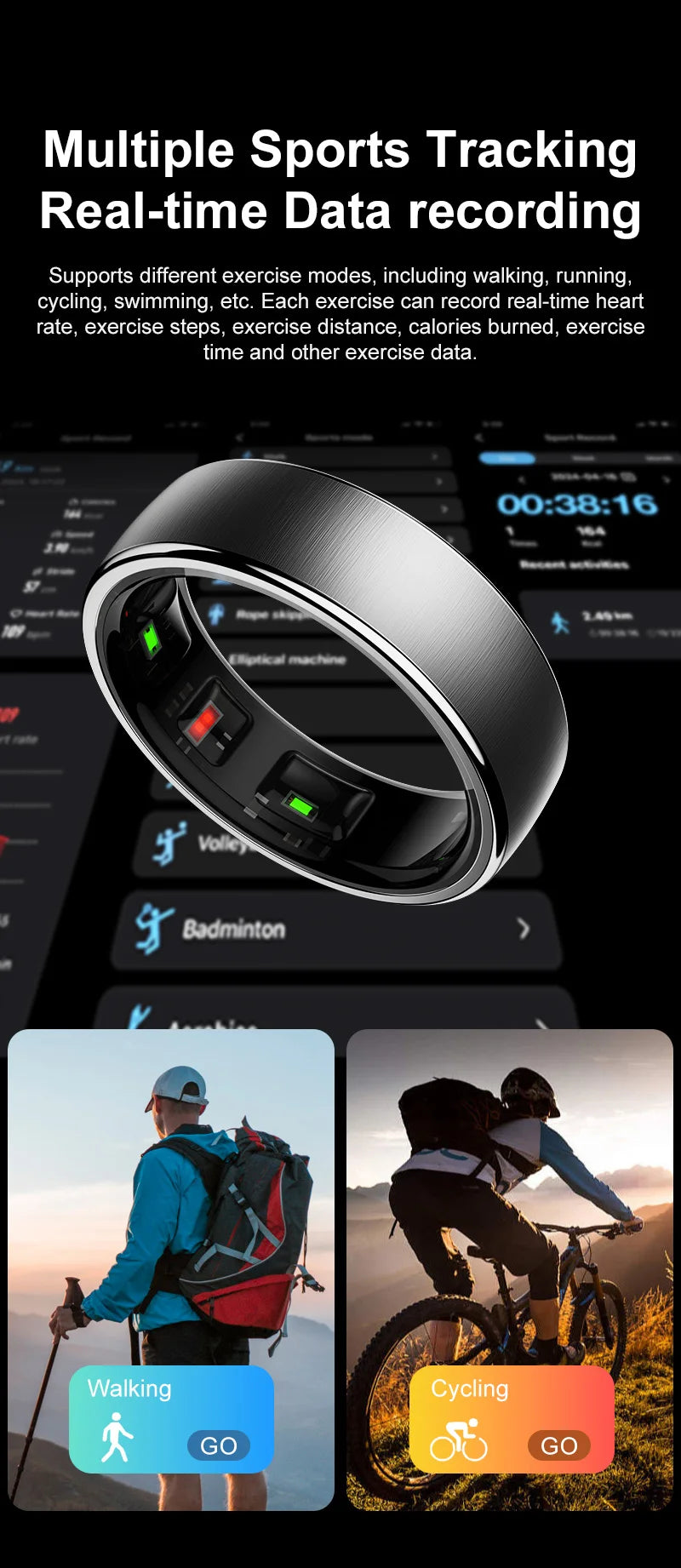 Sleek brushed black smart health ring with internal sensors, shown alongside activity tracking app and outdoor sports.