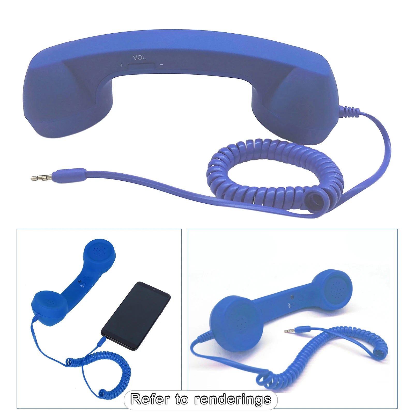 Blue retro-style mobile phone handset with volume controls and a coiled cord, featuring a 3.5mm jack for smartphones.
