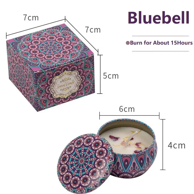 Bluebell scented candle in a decorative mandala-patterned tin and matching gift box. 15-hour burn time.