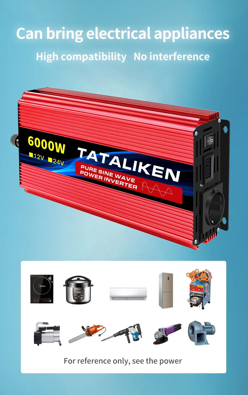 Red 3500W pure sine wave power inverter with a black front panel, featuring power sockets and a digital display.