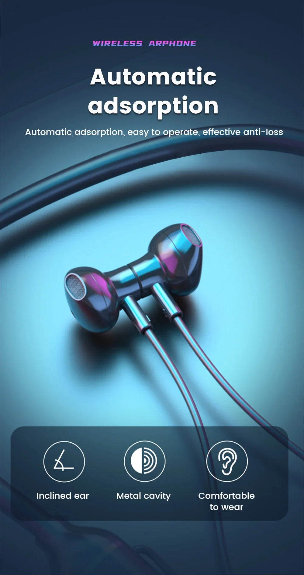 Glossy metallic-finish wireless neckband earphones in blue and purple hues, featuring magnetic earbud adsorption.