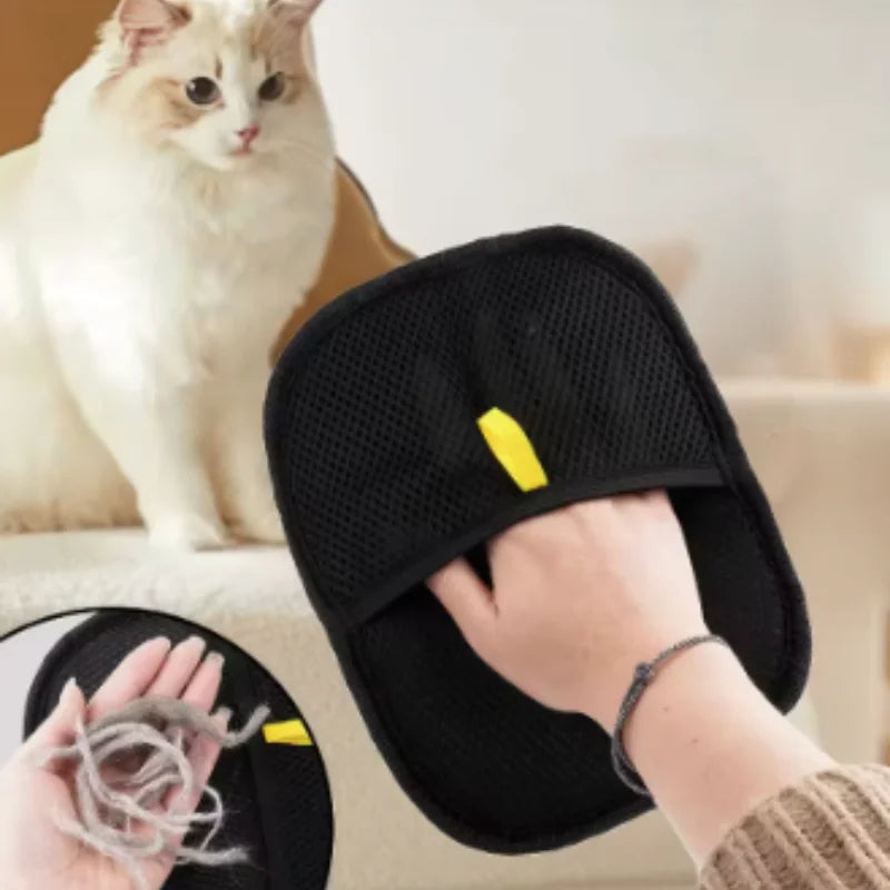 A hand wearing a black pet hair removal mitt, with an inset showing collected fur and a cat in the background.