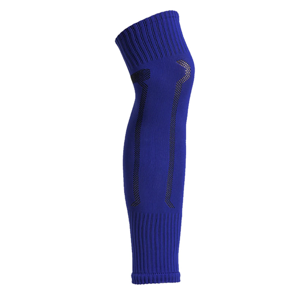Royal blue football sock sleeve with ribbed cuffs and breathable mesh-style ventilation panels.