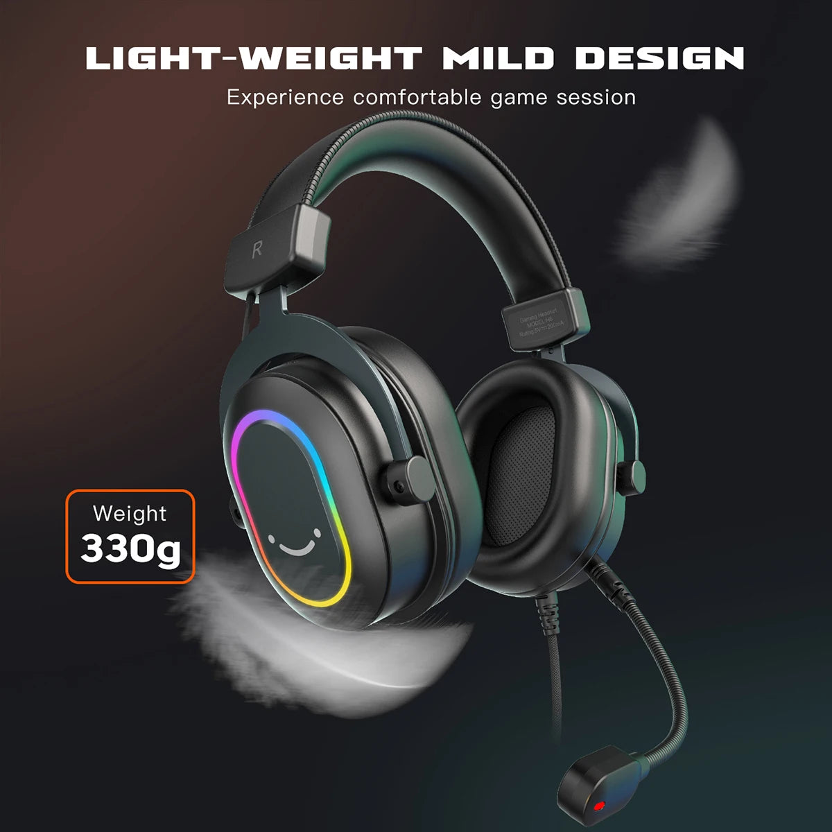 Lightweight black gaming headset with RGB lighting, a smiley face icon, cushioned ear cups, and a flexible microphone.