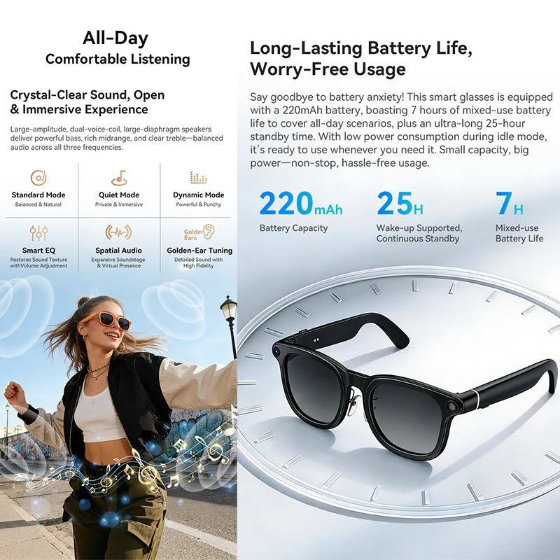 Smart glasses with a sleek black frame and camera, shown with features for immersive audio and long battery life.
