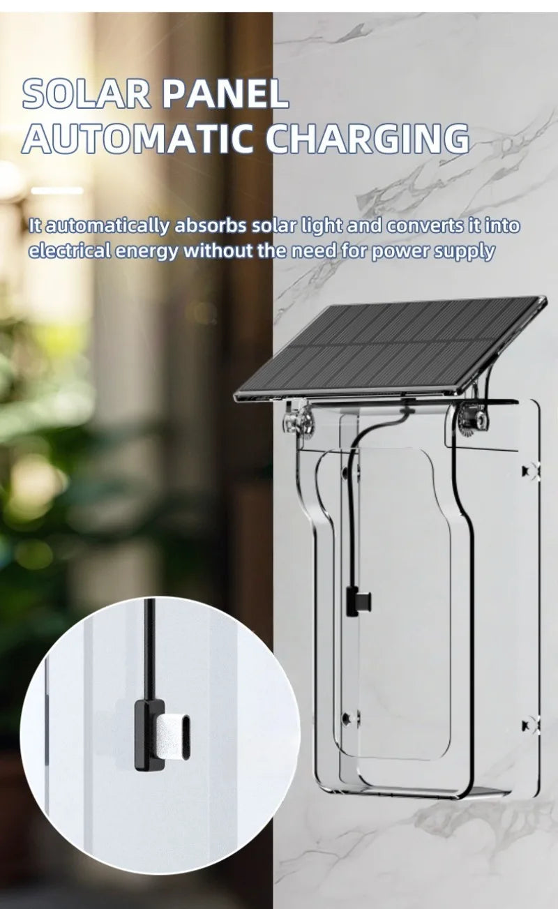 Clear, wireless video doorbell mount with an integrated solar panel roof for automatic charging.