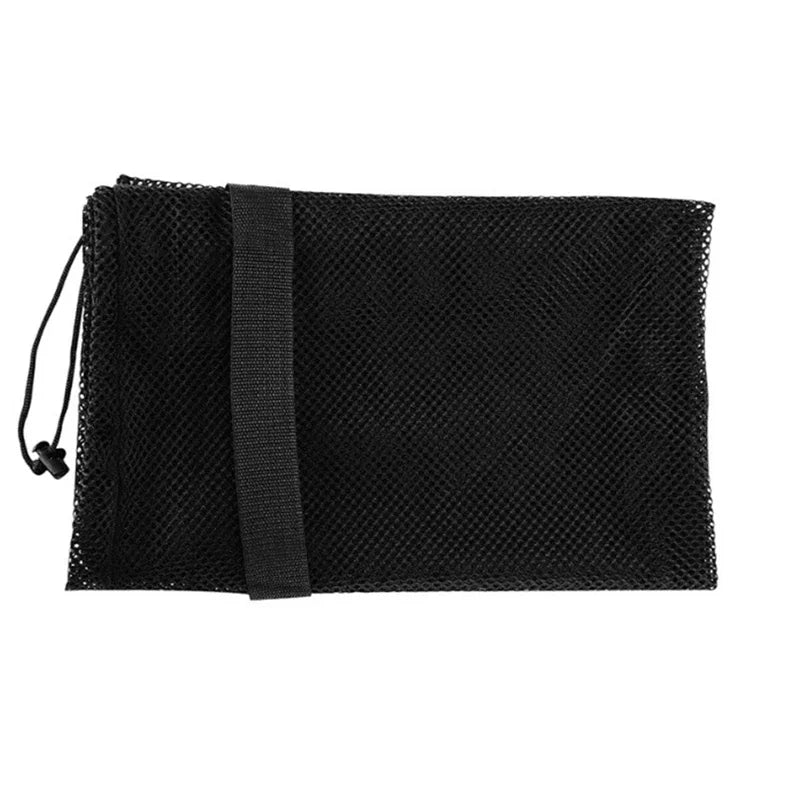 Black rectangular mesh storage bag with a vertical fabric strap and a drawstring toggle closure.