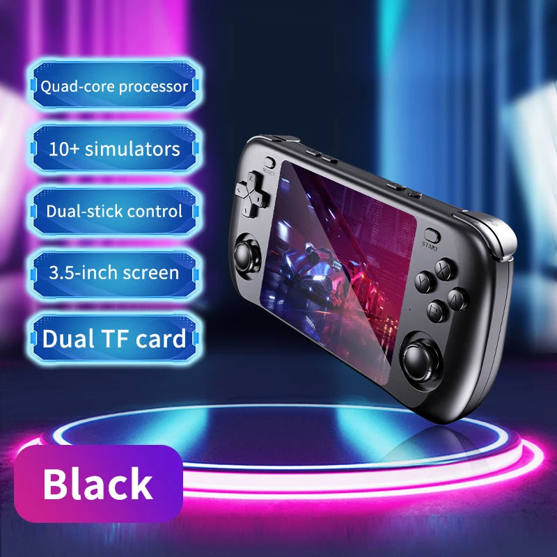 Black handheld retro gaming console with central HD screen, dual joysticks, D-pad, and action buttons.