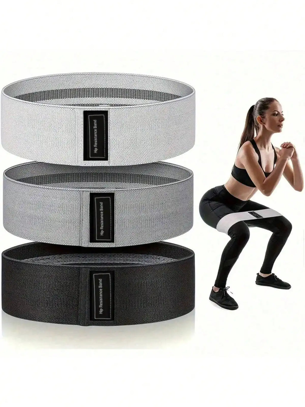 Set of three fabric hip resistance bands in light grey, grey, and black, worn by a woman performing a squat.
