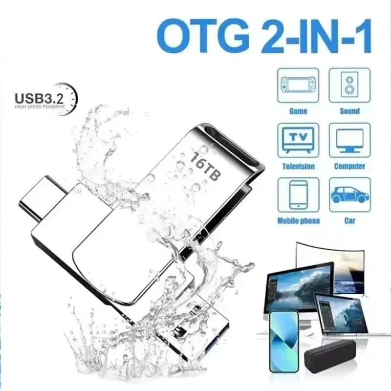 Silver 16TB 2-in-1 USB 3.2 flash drive with dual connectors, showcased with water splash effect and device icons.