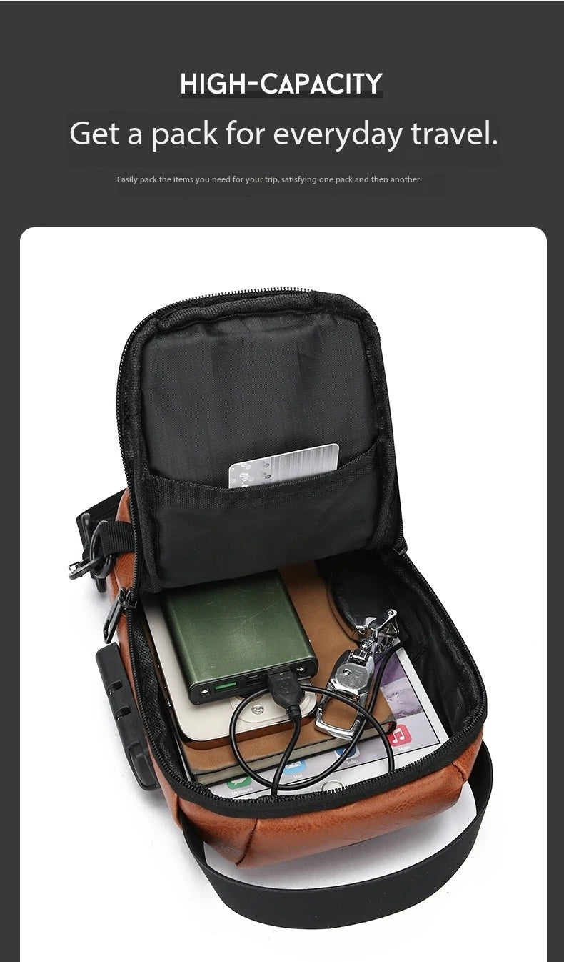 Tan leather anti-theft sling bag, shown open with a power bank, card slot, and internal organiser compartments.