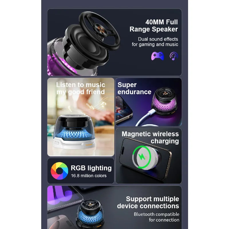 Portable mini Bluetooth speaker with RGB lighting, magnetic wireless charging, and dual sound modes for gaming and music.