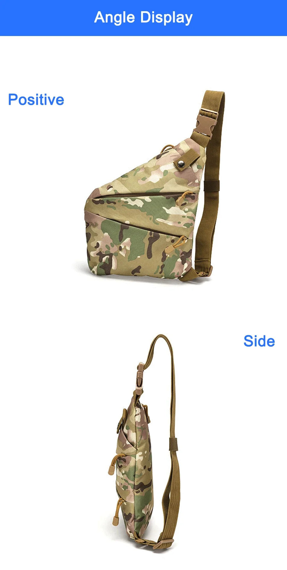 Compact camouflage sling bag with an adjustable strap, zip pockets, and secure buckle fastening. Shown from two angles.