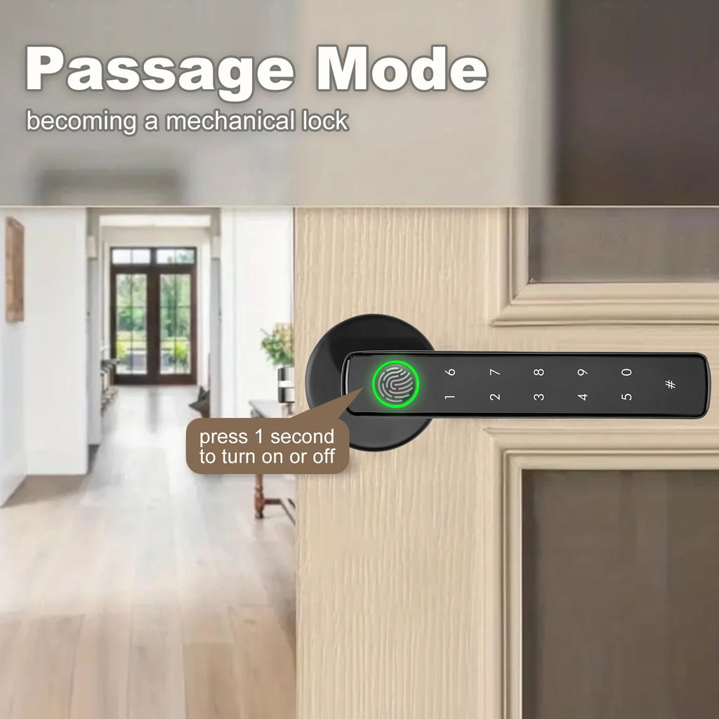 Black metal smart door handle with integrated fingerprint scanner and keypad for electronic locking.