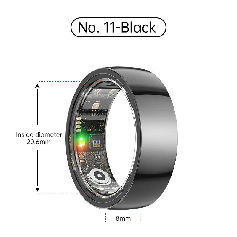Glossy black smart fitness tracking ring, showing internal sensors and a 20.6mm diameter.