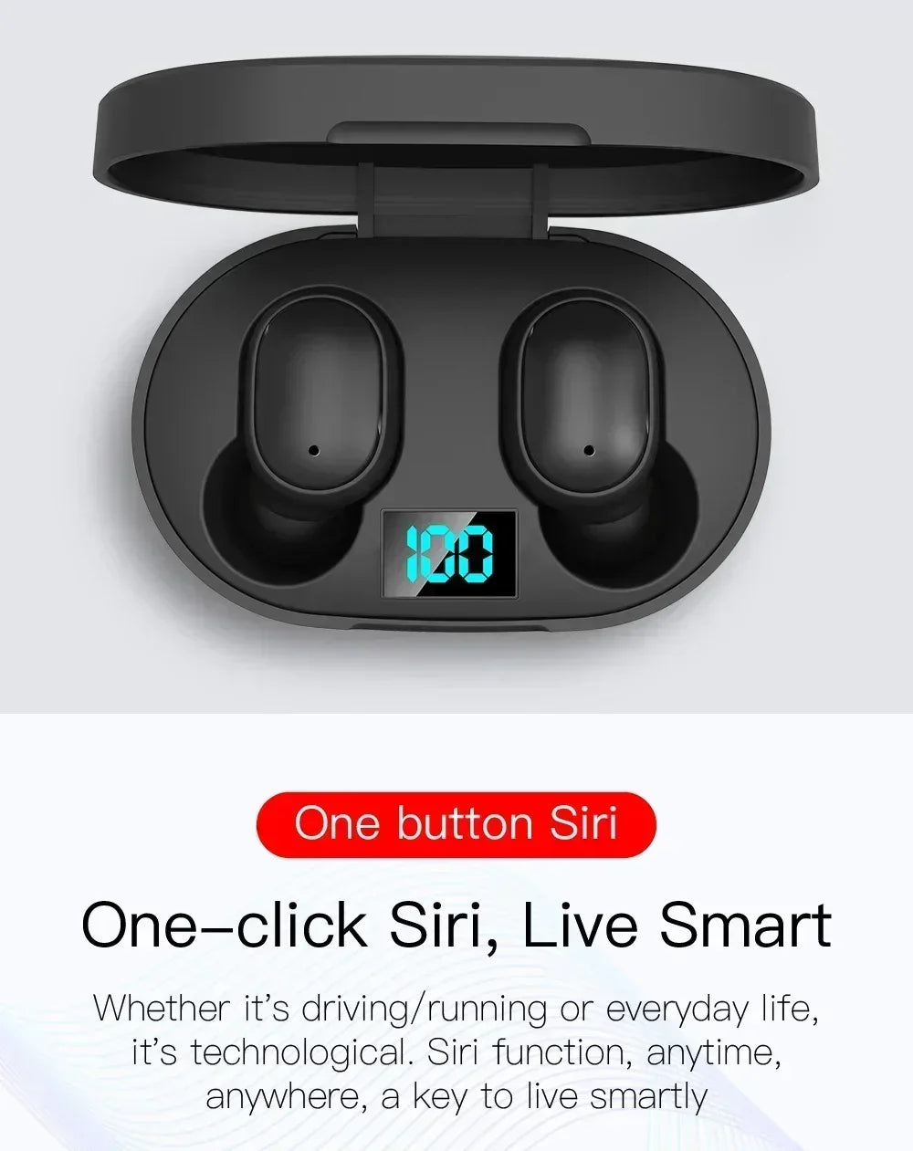 Black wireless earbuds in an open charging case with a digital blue battery percentage display.