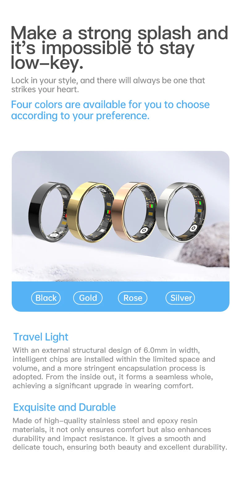 Four smart health rings in black, gold, rose gold and silver, showing internal sensor tech and a sleek metal finish.