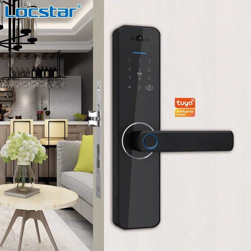 Sleek black smart door lock with a built-in camera, digital keypad, and fingerprint scanner handle.