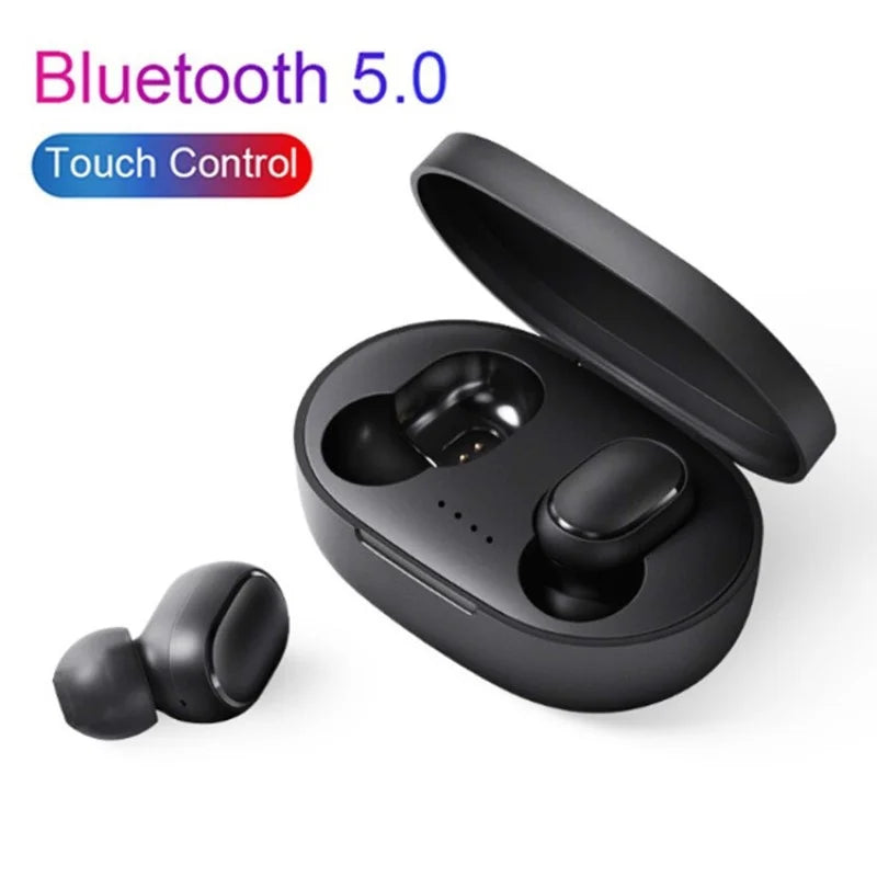 Black wireless earbuds with a compact charging case. Sleek, minimalist design featuring Bluetooth 5.0 touch control.