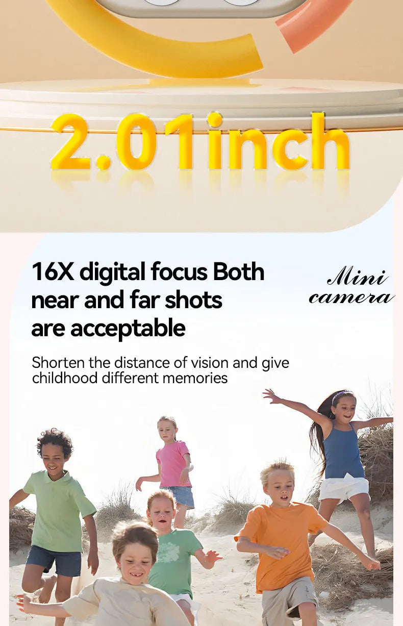 Small plastic mini digital camera for kids with a 2-inch screen and 16x digital zoom feature.