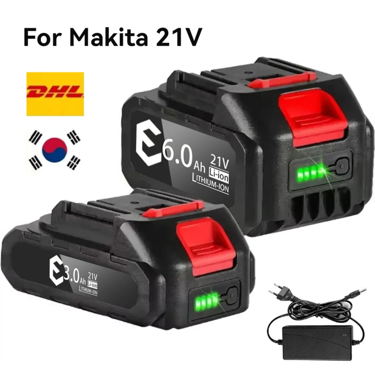 Two black and red 21V Li-ion battery packs with capacity labels and a charging adapter.