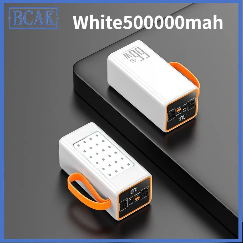 White portable power bank with orange carry strap, multi-port output, LED battery display, and integrated light panel.