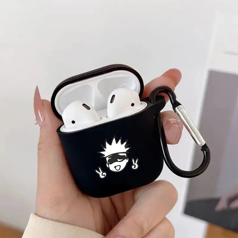 Black silicone AirPods case with white anime character print and carabiner clip.