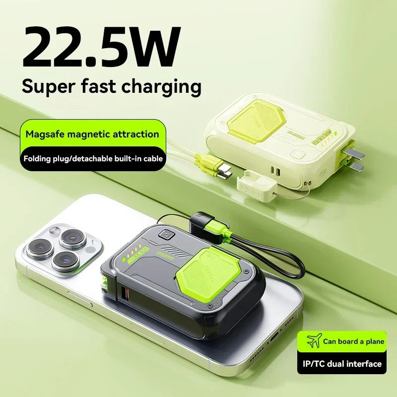 10000mAh magnetic wireless power bank with folding plug, built-in cable, and phone stand in grey and neon green.
