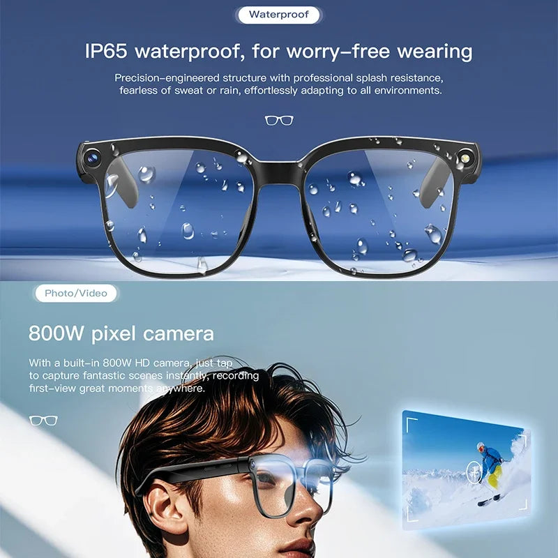 Sleek black smart glasses with a built-in camera, featuring a waterproof design and Bluetooth for AI translation.
