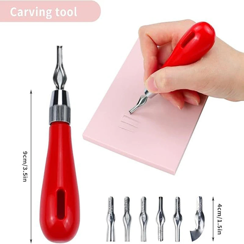 Red crafting carving tool with ergonomic handle, interchangeable steel tips, and 9cm length. Ideal for precision art.