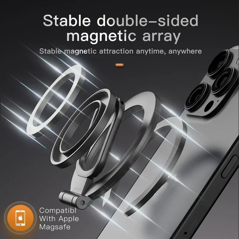 A sleek black, circular double-sided magnetic ring stand attached to a smartphone, shown with radiating light effects.