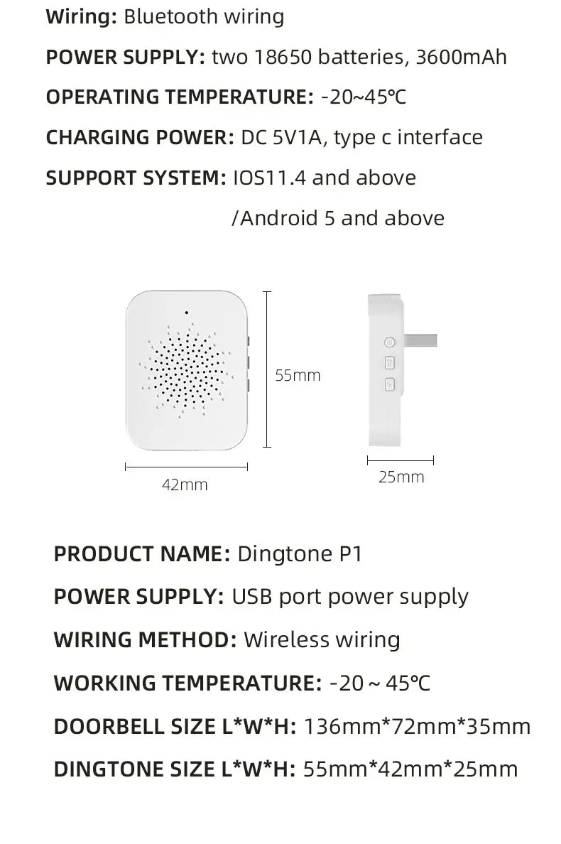Technical diagram showing the dimensions and design of a compact, white wireless doorbell chime.