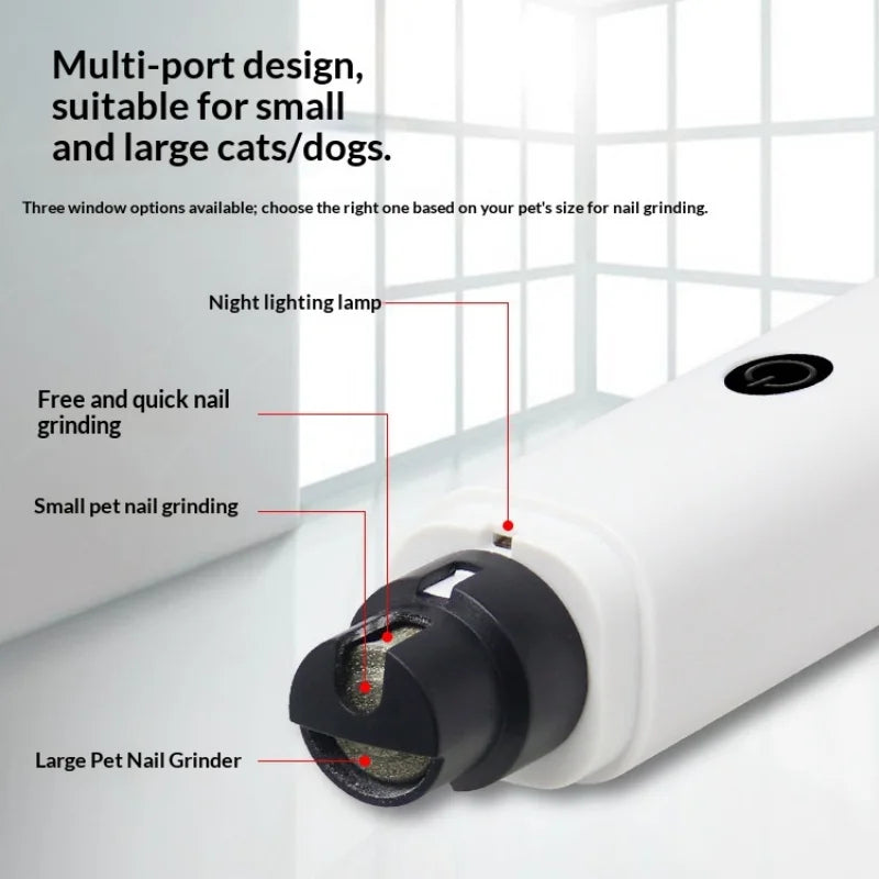 White electric pet nail grinder with LED light, featuring a multi-port head for various nail sizes.