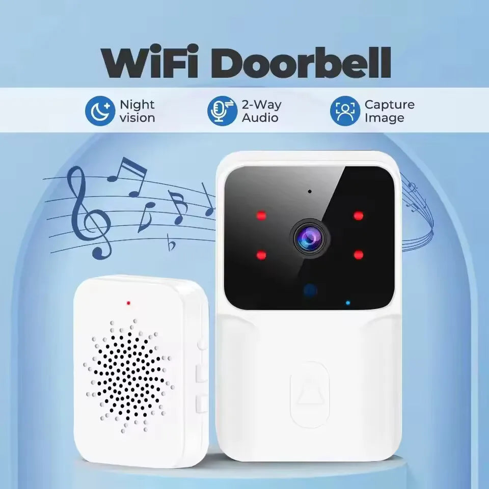White smart WiFi video doorbell and chime with two-way audio, night vision, and image capture capabilities.