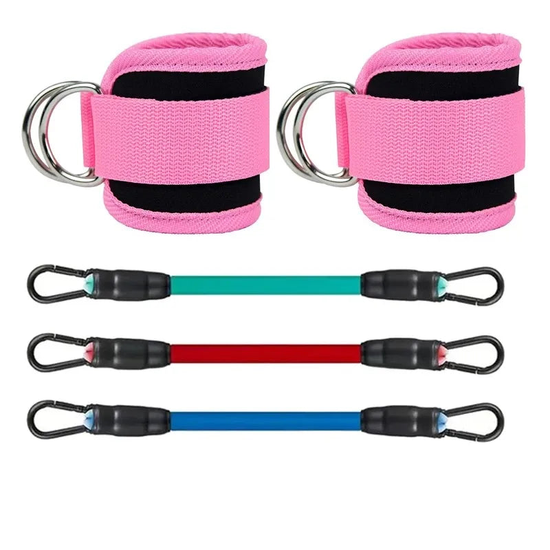 Two pink ankle straps with metal D-rings and three resistance bands in teal, red, and blue with carabiner clips.