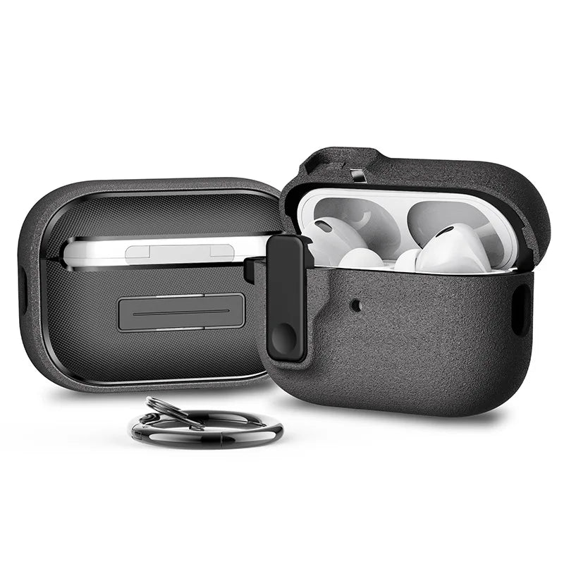 Black textured protective case with keyring for Apple AirPods Pro, featuring a secure latch closure.