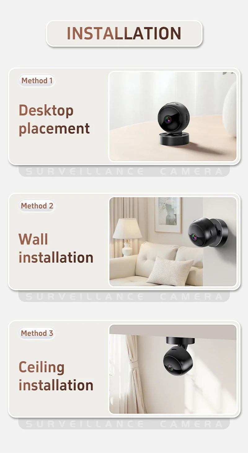 Small black wireless security camera showing installation options on a desktop, wall, or ceiling.
