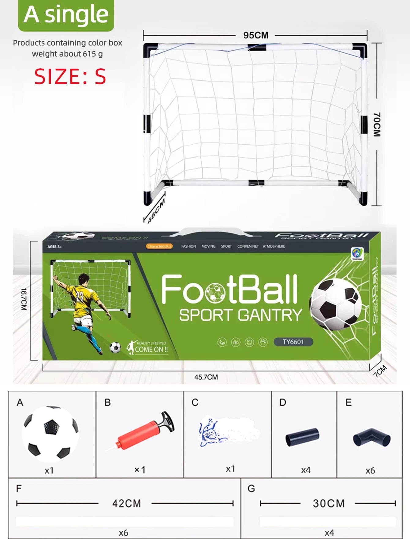 Small portable football goal set including net, mini ball, pump, and plastic assembly poles for kids.